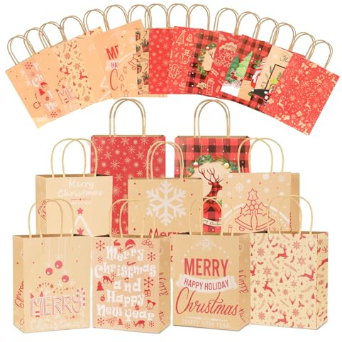 Weihnachtstüten - 16 Weihnachtspapiertüten mit Griffen, Kraftpapiertüten für Weihnachtsgeschenkverpackung, Festival-Partyzubehör (33 x 26 x 12 cm)