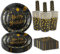 BOKFJBP Lot de 80 pièces de vaisselle de fête d'anniversaire, ballons noirs et dorés, réutilisables, en papier, serviettes, tasses, pailles pour fête prénatale, décoration de mariage, pour garçon et