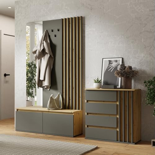 Garderoben Set Kommode und Garderobe mit Bank Paneel Spiegel Eiche Graphit Lamellen-Design