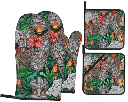 Ofenhandschuhe und Topflappen-Sets von Tiki Colorfu Vulkan, hitzebeständig, Küchen-Backhandschuhe, rutschfeste Oberfläche zum Kochen, Backen, Grillen, Grillen