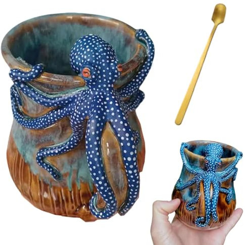 JNTFNE Deep Blue Octopus Mug, Dive Into Every Sip – Handmade Stoneware Mug, Sea Creature Mug with Octopus Tentacles Beard Handle Spoon for Sea Lovers