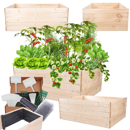 MODO24 Hochbeet Holz, Kräuterbeet, Gartenbeet, Pflanzkasten, Blumenbeet, für Garten und Terrasse, Kiefernholz, Massivholz, Naturholz, Gemüsegarten, Abmessungen 45x120x100 cm, Farbe: Natur
