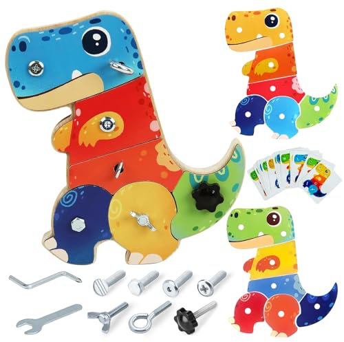 FEMBW Juguetes Montessori para niños 3 4 5 Años, Tablero de Tornillos, Juguete de Madera de Dinosaurio con Rompecabezas, Juguete de Motricidad, Juegos Educativos para Niños, Regalo para Niñas y Niños