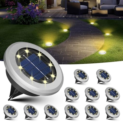 Jsdoin 12 Paquetes Luces Solares LED Exterior Jardin, 8 LED Luz Solar Exterior Jardin Suelo, IP44 Impermeable Lamparas Solares Suelo Camino, Césped, Patio, Terraza (Blanco Cálido)