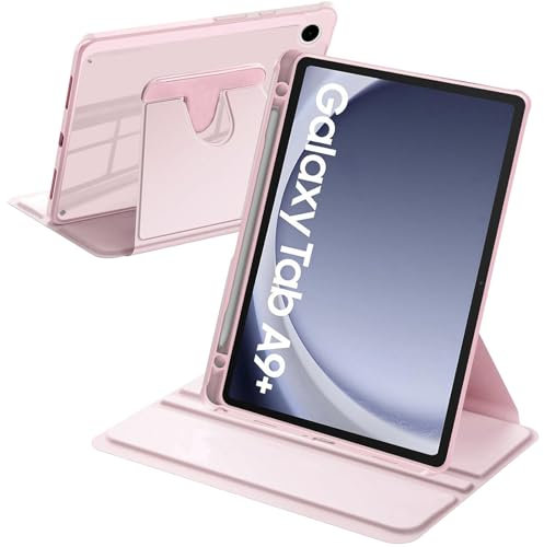 A-BEAUTY Coque Rotative Compatible avec Samsung Galaxy Tab A9 Plus 11 2023 (SM-X210/X215/X216/X218) Rotation à 360° Support Étui Dos Transparent Antichoc, Réveil/Sommeil Auto, Rose