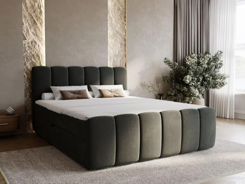 GRAINGOLD Cloud Lit 180x200, Boxspring avec Coffre de Rangement, Rembourré avec Matelas à Ressorts Bonell, Lit Double, Tissu en Velours, avec Surmatelas, avec Tête de Lit (Gris foncé, 180x200)