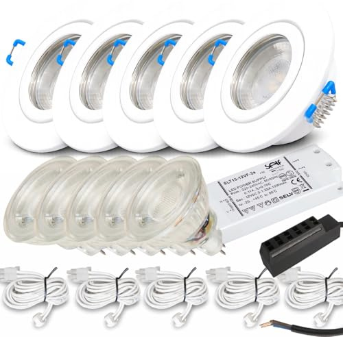 LED Einbaustrahler 5er Set – 12V, 3W, Neutralweiß (4000k) – IP44 Feuchtraum geeignet – Inkl. Treiber, MR16 Fassung und Zuleitung (120 cm) & Verteiler – Ideal für Bad, Küche, Dusche & Außenbereich.