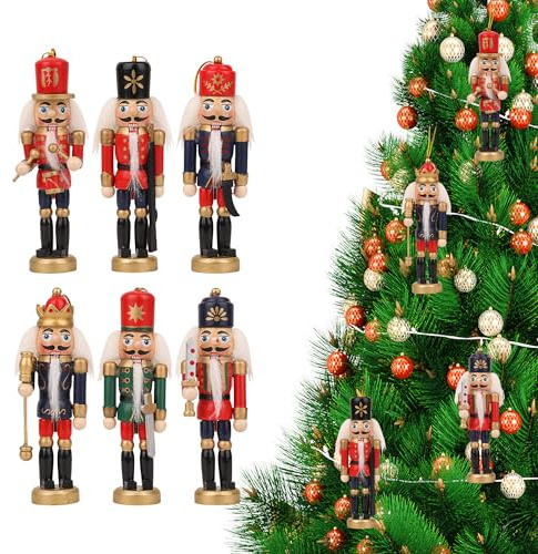 Trimming Shop 6pcs Wooden Nutcracker Soldier Ornaments – 13cm Mini Christmas Tree Decorations for Traditional Xmas Displays, Garlands, Mantels & Gifting