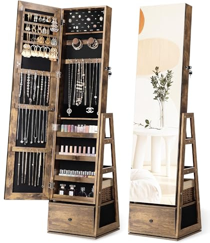 Nicetree 360°Swivel Jewelry Cabinet, Rotatable Full Length Mirror with Jewelry Storage, Standing Jewelry Armoire Organizer, Lockable Jewelry Organizer with 3 Rear Shelves, Bottom Drawer, Rustic Brown