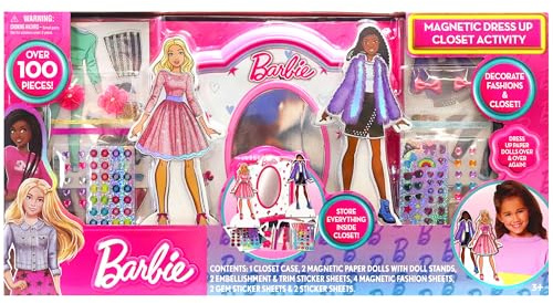 Barbie Magnetic Wardrobe Activity - Fashion Design Playset, Mix & Match Accessories, Decorate and Display, Pink Closet Storage Case, Kids 3+