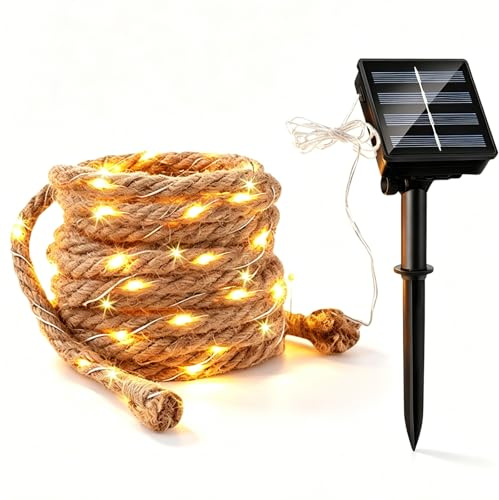 GOMETY LED Hanfseil Lichterkette, 4.5M Solar Lichterkette Seil Innenbereich, Warmweiße Naturseil Lichterketten mit 50 LEDs, Wasserdicht Fee Lichterketten Aussen für Wohnzimmer Hochzeit Party Deko