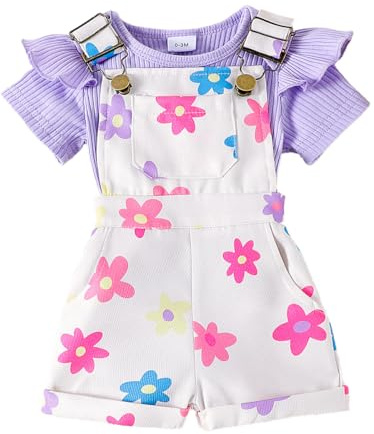 JENJON Abbigliamento Estivo per Bambina Set Top a Coste a Maniche Corte con Volant + Regolabile Salopette Corta con Stampa Floreale/a Cuori e Tasca Vestiti Set