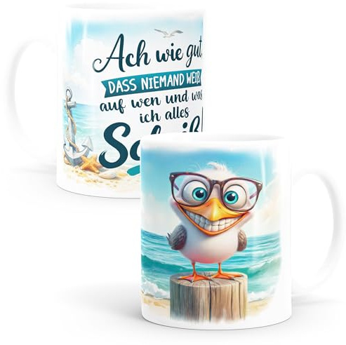 MoonWorks® Tasse Möwe Spruch - Ach wie gut dass niemand weiss - Bürotasse lustige Kaffeebecher fürs Home Office - Geschenkidee Kollegen Weiss standard