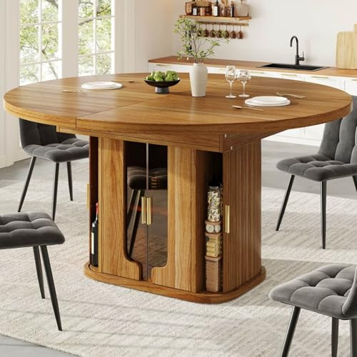 EURHCIO Table a Manger Extensible,Table Ronde 118-158×118x77cm,Extensible en Ovale,avec Espace de Rangement,pour 4-6 Personnes,pour Cuisine Salon et Bureau (Marron-A)