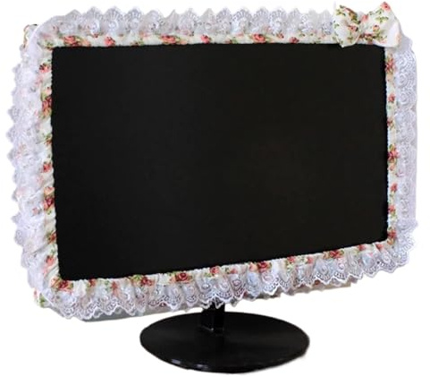2pcs Lace Fabric Computer Frame Cover Monitor Screen Dust With Elastic Pen Pocket Bow Home Decorations(White)