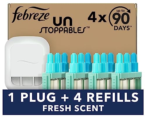 Febreze Unstoppables 3Volution Air Freshener Plug-In Diffuser Starter Kit + 4 Refills, (20mlx4), Febreze 3Volution Refill, Odour Fighter, Fresh