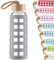Cleesmil Sports Glass Water Bottle with Silicone Sleeve with Bamboo Lid BPA Free 660 ml （Grey