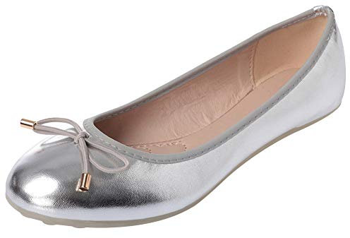 ANUFER Women's Lovely Bowknot Soft Slip-on Ballet Flats Pumps Dolly Shoes Round Toe Silver SN02752 UK5=EU38=CN38