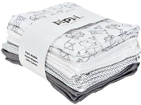 Pippi Mullwindeln Set ❁ Spucktücher 8er Pack Stoffwindeln ❁ Baumwolle (Tiere weiß/grau)