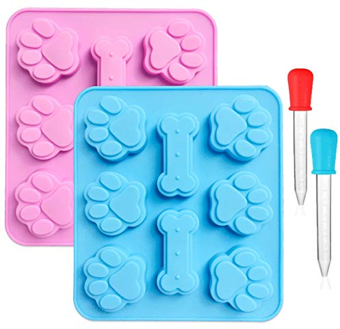 Paquete de 2 moldes de silicona con estampado de pata de cachorro y forma de hueso de perro, con 2 goteros líquidos transparentes graduados, 8 cavidades, bandejas de hielo reutilizables para hornear