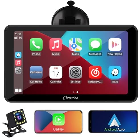 Carpuride Inalámbrico Apple CarPlay y Android Auto, 7 Pantalla Tactil Portátil Radio, Reproductor de Coche con Cámara de Visión Trasera, Bluetooth 5.0/GPS/FM/Mirror Link/Siri, Montado en el Tablero