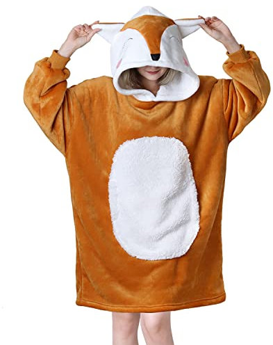Queenshin Felpa Coperta Indossabile Plaid con Cappuccio Volpe, Coperta con Maniche Sherpa Super Morbida e Calda in Pile per Donna, Taglia Unica