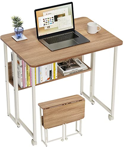 PTUWODS Kleiner klappbarer Computertisch mit Regal, Schreibtisch für das Heimbüro (Beige)