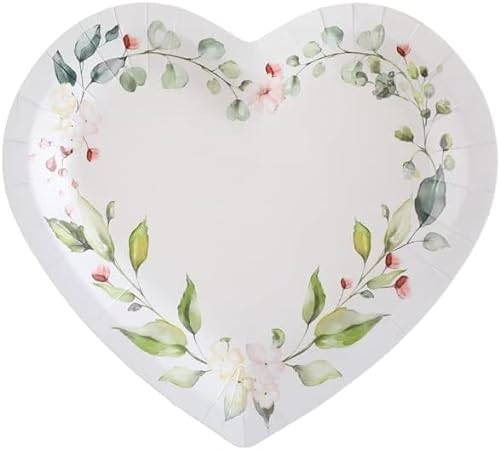 Party-Teller Papp-Teller Einweg-Geschirr Herz Botanical EUKALYPTUS MIT Blumen weiß & grün Tisch-Deko Valentinstag Hochzeit Party Tisch-Dekoration Accessoires & Zubehör Candy-Bar 10 Teller