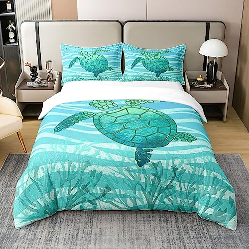 100% Baumwolle Ozean Bettwäsche Sets 135x200 Sea Turtle Tröster Abdeckung für Kinder Kleinkind,Aqua Schildkröte Bett Set Marine Tier Bettbezug,Teal Zebra Quilt Cover,Coral Dekor Cozy