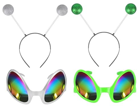 JJiaoLinin 4 Pieces Alien Headband And Glasses, Alien Costume Accessories Alien Antenna Headband Rainbow Lens Sunglasses for Alien Party Supplies Halloween Costume Accessory