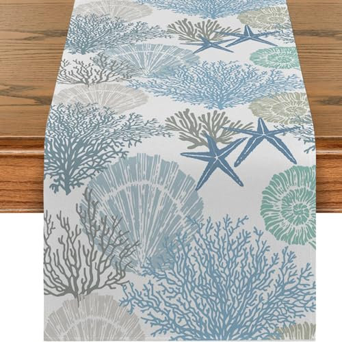 Bazasa Tischläufer Waschbare Tischdecke Meeresleben Tischläufer Modern Frühling Sommer Dekorativer Tischläufer für Esszimmer Bauernhaus Hochzeit Geburtstag Outdoor Wetterfest(33x183 cm)