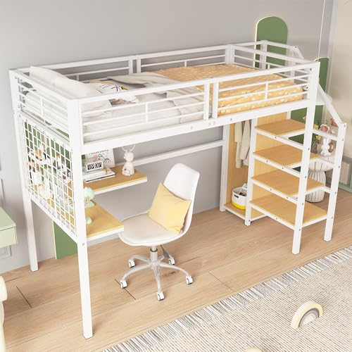 Kinderbett Hochbett 90x200, Metallbett Eisenbett mit Kleiderschrank & Schreibtisch, Seitenleiter mit Handlauf, Bettgestell mit Fallschutzgitter & Lattenrost, Etagenbett Jugendbett Funktionsbett, Weiß