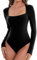 SHAPERIN Women Long Sleeve Bodysuit Elegant Square Neck Bodysuit Tops Slim Fit Blouse Long Sleeve Tshirt Tops Leotard, Black, M