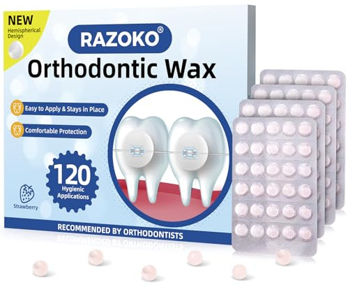 Orthodontic Wax for Braces, Hemispherical Strawberry Dots, Food-Grade, 120 Count | Pre-Formed Hemispherical Profile, Long-Lasting Hold Through Meals , Food-Grade & Safe, Individually Wrapped for Hygiene