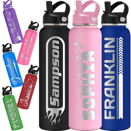 Uoffice5 Personalised Water Bottles for Kids with Straw Lid Custom Insulated Water Bottle Customised Engraved Name Stainless Steel Bottle Gift for School Sport Gym 24/12/40/18/32 oz