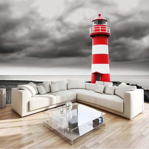 Fototapete Roter Leuchtturm Grauer Himmel Vlies Tapeten 350x256 cm 3D Effekt Moderne Wandtapete Wohnzimmer Schlafzimmer Wandbilder Wand