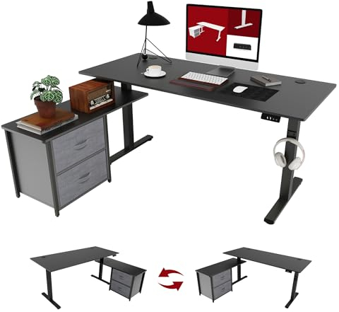 SANODESK Höhenverstellbarer Schreibtisch elektrisch höhenverstellbar, L-förmig mit Schubladen&Stauraum umkehrbar, ergonomischer Steh-Sitz Tisch 160 x 70 cm Schwarz