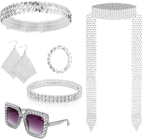 ZHXGO 6 Stück 1970er Jahre Disco Zubehör, Disco Outfit Damen Accessories, Discokugel Kostümzubehör Set mit Sonnenbrille Langem Schal Ohrringen Armband Ring Stirnband, Disco Damen Glitzer Schmuck
