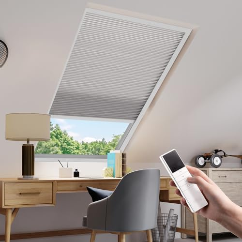 YESCENT Motorized Honeycomb Shades Cordless Over-size Customized Cellular Blinds Window Shades for Skylight Roof Inclined Plane Room Windows-light grey(93020D)