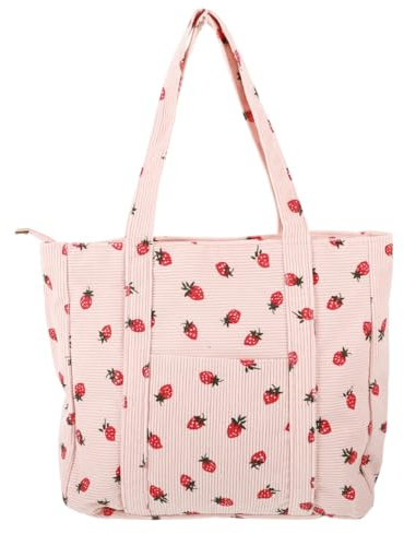 Erdbeer Schultertasche aus Canvas Rosa, Deko für Bücher und Tablette | Wiederverwendbare Einkaufstasche, 1 Stück Strawberry Design, Lässiger Look, für Markt und Tägliche Besorgungen