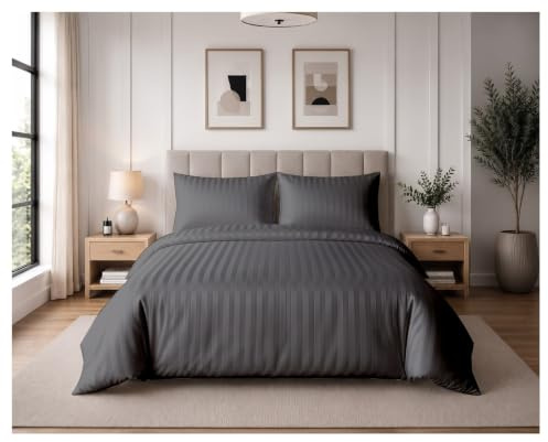 Home In Style 4U Superking Duvet Cover Sets Charcoal Satin Stripes Bedding | Reversible Hotel Quality Bedding Duvet Cover Set with Pillowcases, Ultra Soft Breathable Hypoallergenic Quilt Bed Covers