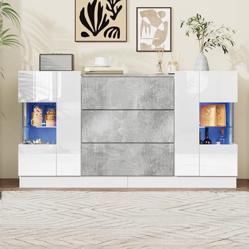 Elegante aparador de 140 x 35 x 75 cm, cómoda con 2 puertas y 3 cajones, frentes blancos brillantes y aspecto de mármol gris, iluminación LED con 16 colores
