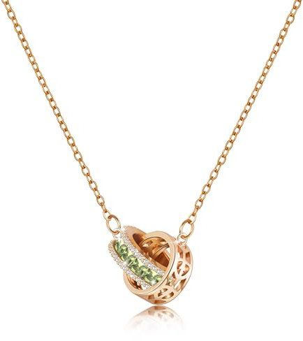 Linawe Interlocking Circle Peridot Green Necklace for Women, Moissanite Imitation Diamond Crystal Rhinestone Birthstone Cubic Zirconia Pendant Rose Gold Necklaces, Stainless Steel Chain