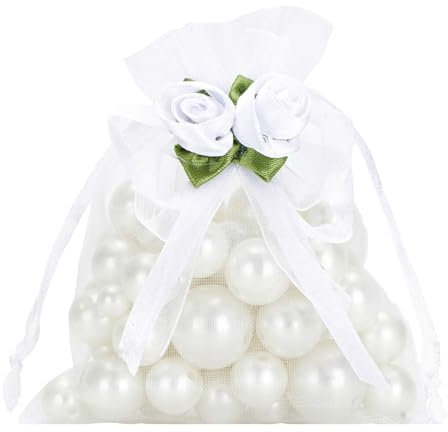 G2PLUS Sacchetti Organza con Rosa Bianco: 10x12 cm Sacchettini Confetti,30PCS Sacchetti Regalo in Organza con Coulisse per Gioielli, Caramelle, Bomboniere