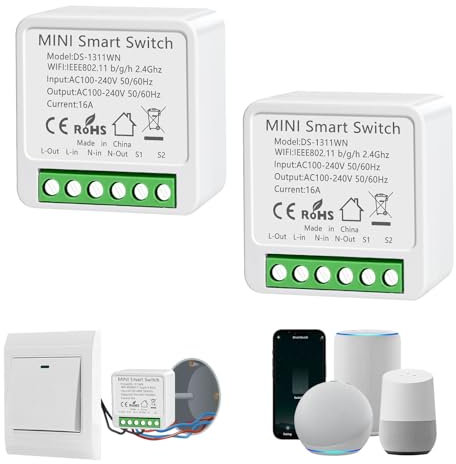 Interruptor WiFi Smart Life, 16A Relé Interruptor Inteligente Wi-Fi & Bluetooth, 2.4g Smart Light Switch Compatible con Asistente de Voz y Tuya, Smart Switch Alexa, Requiere Cable Neutro (2 piezas)