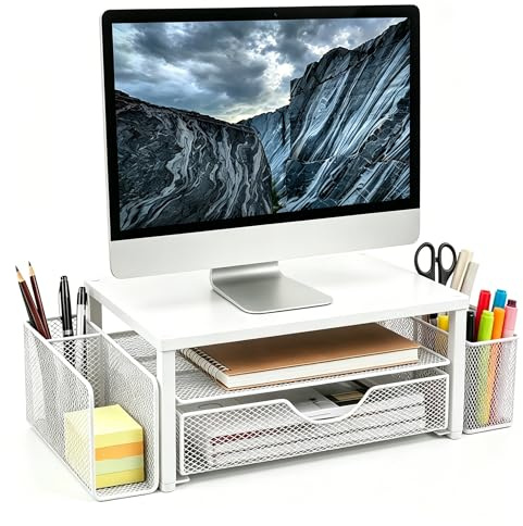Quhombo Desk Organisers and Accessories,Stand riser with Drawer and 2 Pen Holder, Desktop Organiser Suitable for Offices and Dormitories(white)
