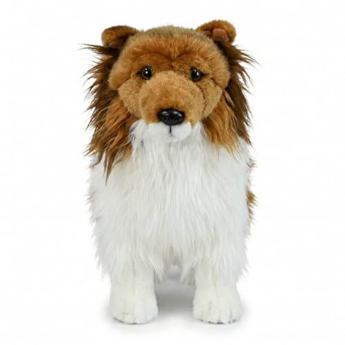 MAOWO Planet Stehendes Shetland Sheepdog Plüschtier, realistischer Sheltie Stoffhund mit zobel-weißem Kunstfell, 29 cm