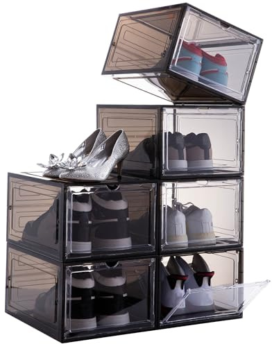 Attelite Shoe Storage Boxes Stackable Clear Shoe Organizer,6 Pack Black