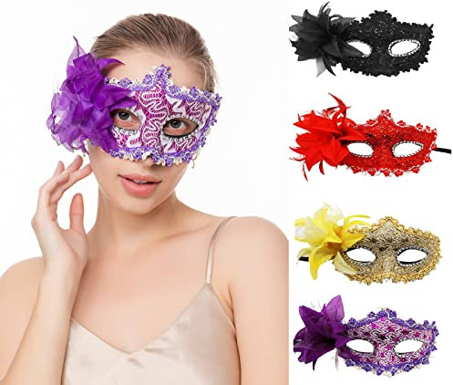 VKI® 4 Stück Venezianische Maske Damen Rose Maskerade Karnevalsmasken Gesicht Kostüm Fasching Verkleidung, Rot/Lila/Gold/Schwarz