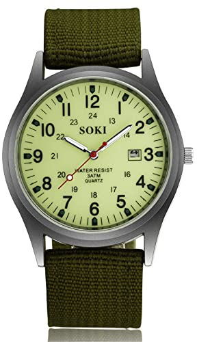 JewelryWe Uhren Herren Nylon Militär: 12/24H Datum Kalender Analog Quarz Armbanduhr Männer Feld Taktische Uhr Militäruhr mit Armeegrün Nylon Textil Armband und Leuchtzeiger